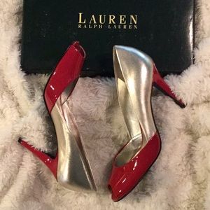 Lauren by Ralph Lauren Red Patent an Metallic Peep Toe Pump